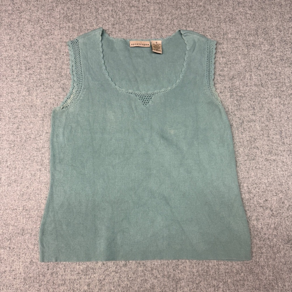 Apostrophe Knit Tank Top Small Sage Green Crochet Trim Cotton Ribbed Sleeveless